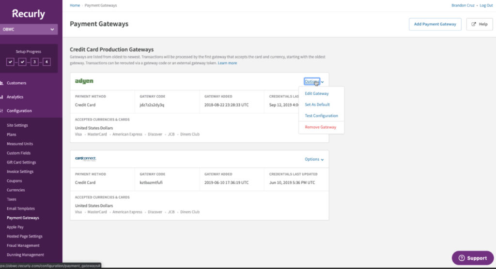 Recurly payment gateway settings for Adyen.