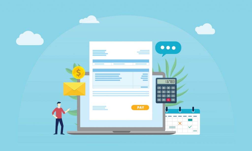 Illustration of payroll elements, including an invoice, calculator, calendar, envelope, and coin. Represents the process of using payroll software to pay independent contractors.