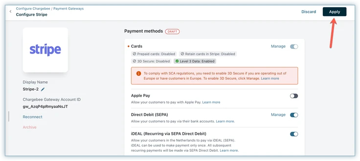 Stripe custom settings on Chargebee billing platform.