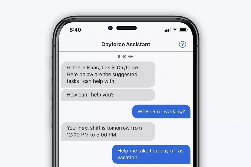 Dayforce displays an AI chatbot that answers an employee's questions about scheduling and PTO.