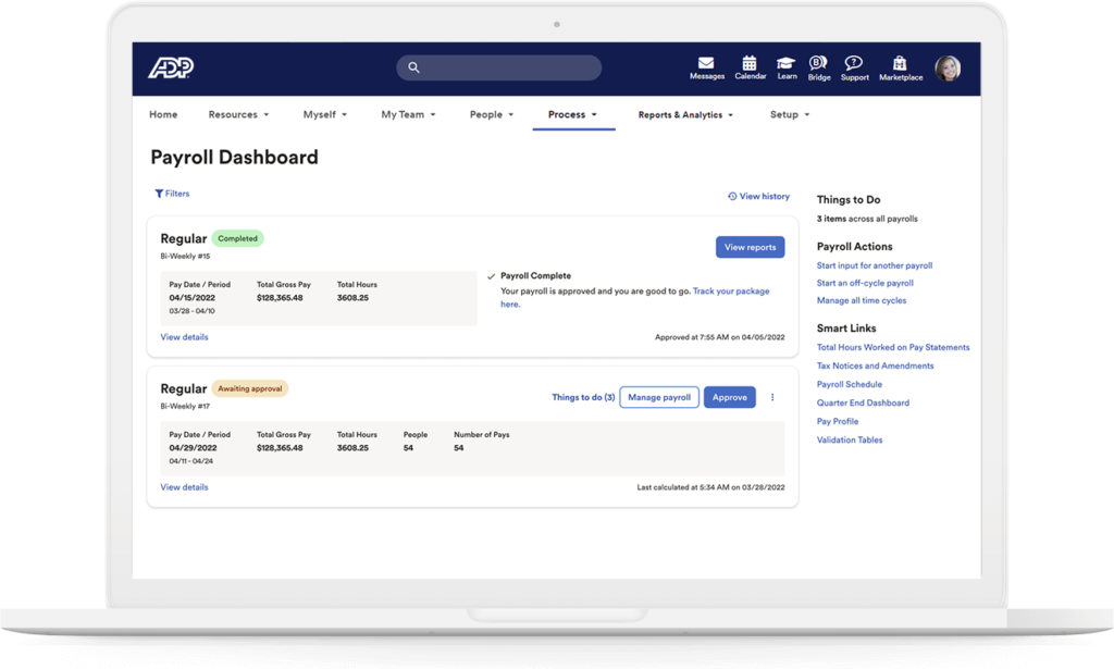 A screenshot of ADP’s payroll dashboard showing the statuses of different payroll tasks.