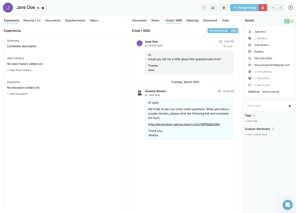 Breezy HR shows a candidate profile for a candidate named Jane Doe, with information on their job experience on the left, plus a chain of email messages between Jane and a recruiter named Jessica Dennis in the middle.