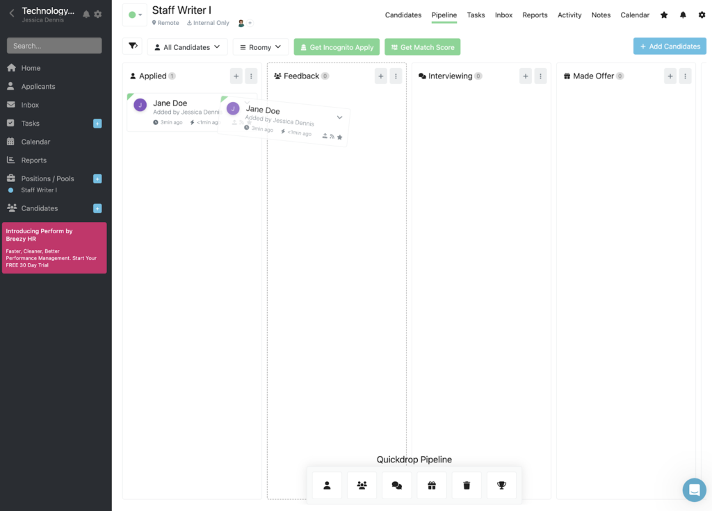 Breezy displays its visual pipeline for the staff writer position with columns for applied, feedback, interviewing, and made offer, plus a candidate named Jane Doe moving from the applied to feedback column.