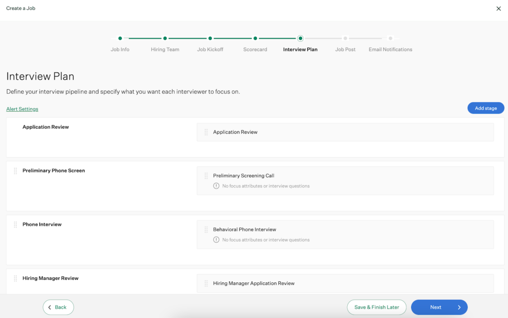 Greenhouse displays its create a job dashboard with the interview plan tab open to show application review, preliminary phone screen, phone interview, and hiring manager review hiring stages, plus links to interview kits or questions to ask the candidate during each stage.