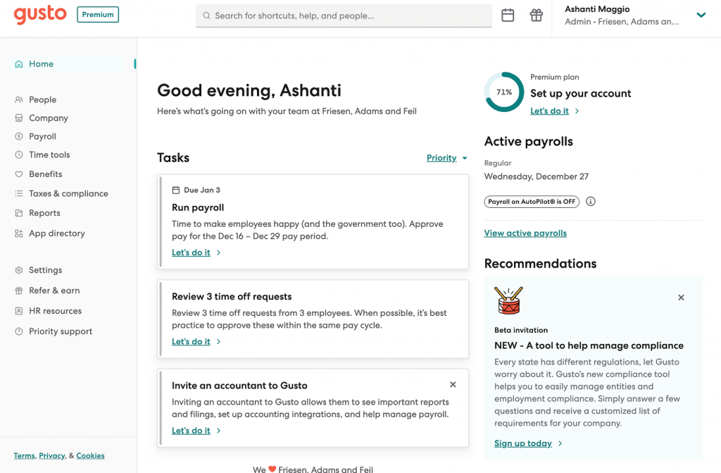 Gusto's homepage features a list of in-app tasks, such as "run payroll" and "review time off requests," on the left and personalized tool recommendations, like compliance, on the right.