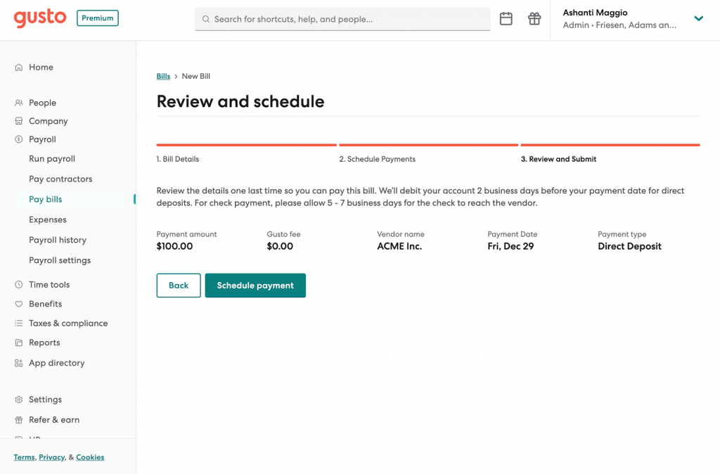 Gusto displays its bill pay dashboard with instructions to check that a $100 payment to ACME Inc. on December 29 is correct, plus buttons to go back or schedule the payment.