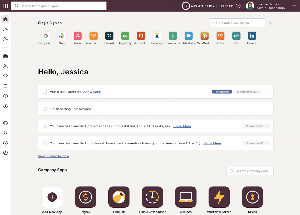 Rippling Unity's home screen displays Rippling apps like payroll and time off, outstanding tasks for an employee named Jessica, and external single sign-on apps like Google, Slack, and Salesforce.