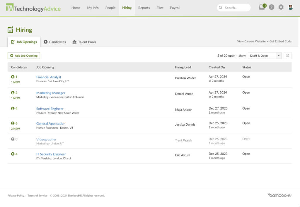 BambooHR displays a hiring dashboard with a list of open job requisitions, including financial analyst, marketing manager, and software engineer.