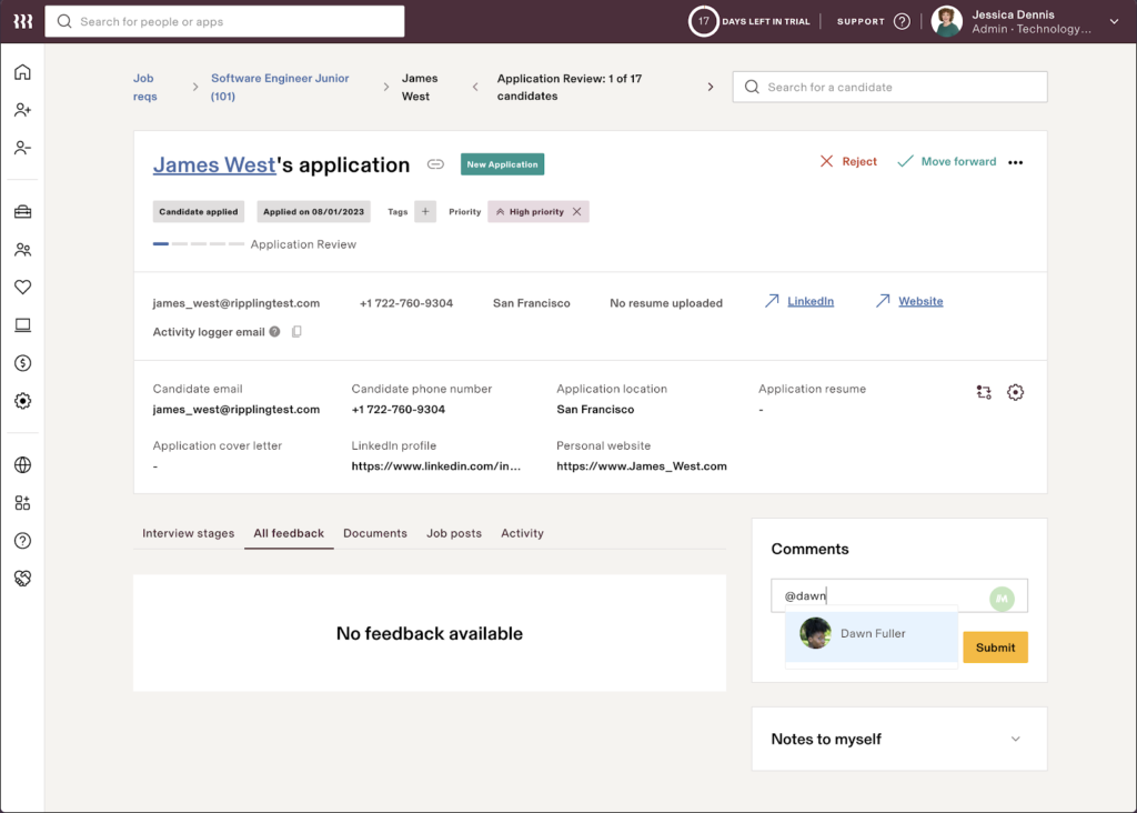 Rippling displays a candidate application review dashboard for someone named “James West” with demographic information at the top plus sections to view the candidate’s interview stages, documents, and comments between recruitment stakeholders.