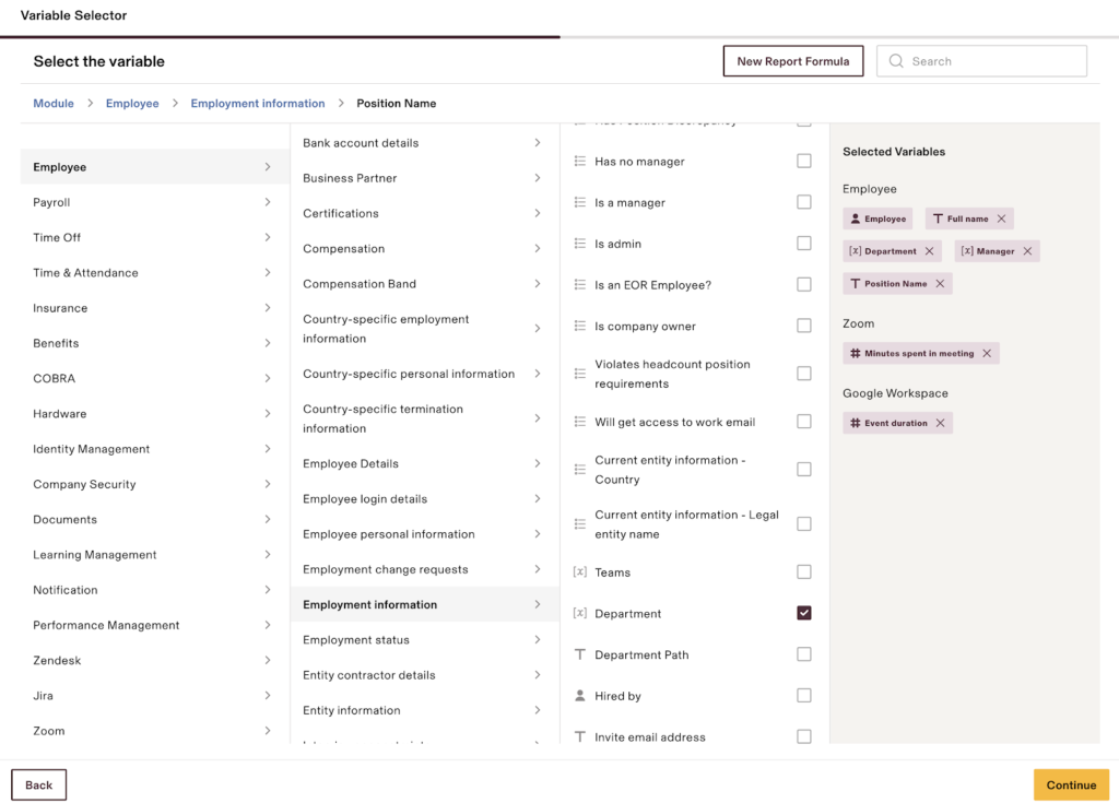 Rippling displays four column lists for selecting variables in a report: one, module name; two, module tab; three, field names; and four, currently selected variables. 