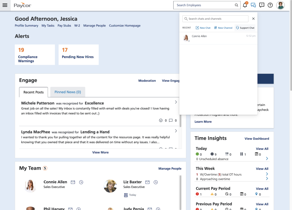 Paycor displays a homepage with alerts indicating 19 compliance warnings and 17 pending new hires, plus a company newsfeed with recent posts, a widget showing time insights, and a pop-up chat window with an employee named Connie.