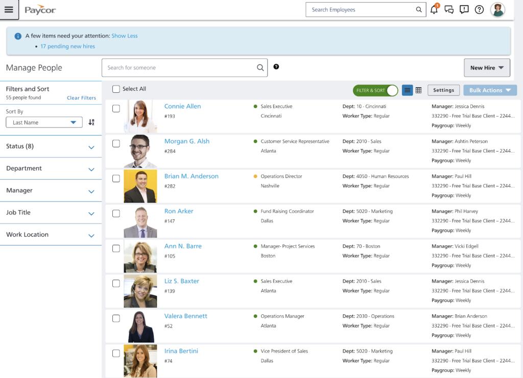 Paycor displays a staff directory with a list of employee names, pictures, locations, and departments, plus options on the left to filter and sort by status, department, manager, and job title.