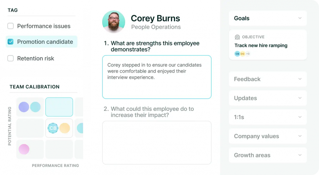 Lattice displays a performance review template with questions about an employee's strengths, growth opportunities, and tags for performance issues, promotion candidacy, and retention risk.