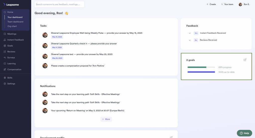 The Leapsome dashboard showing an employee's home page with goals section bolded.