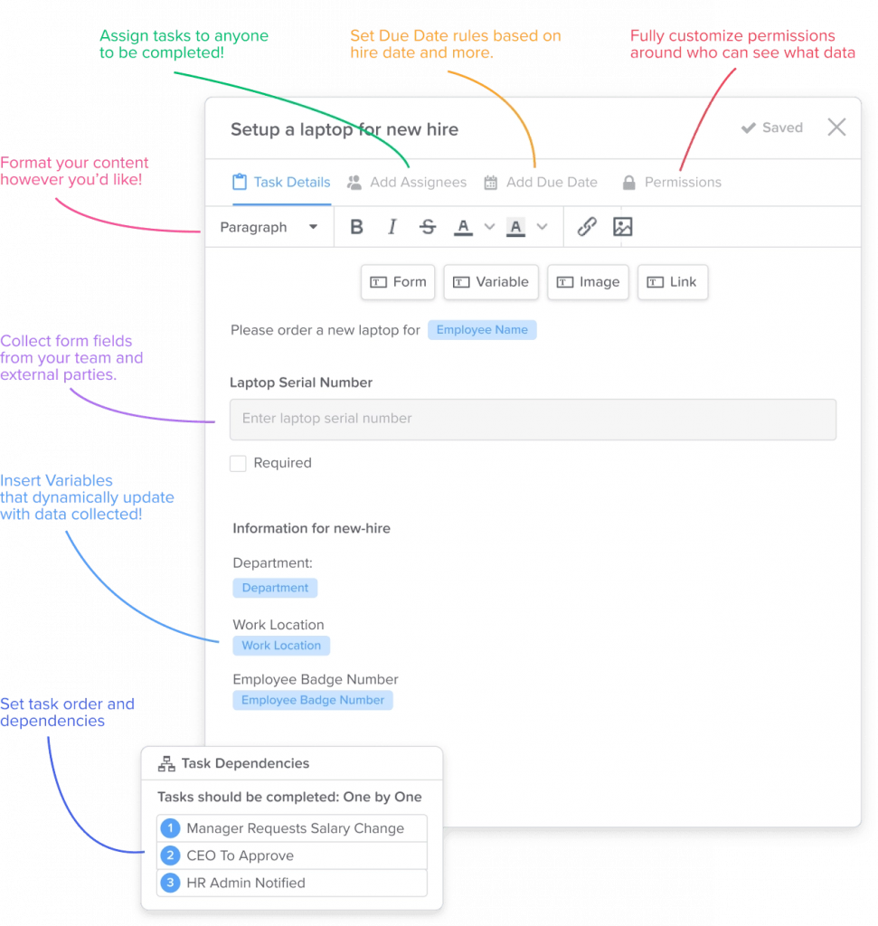 GoCo displays settings for a new laptop request automation.