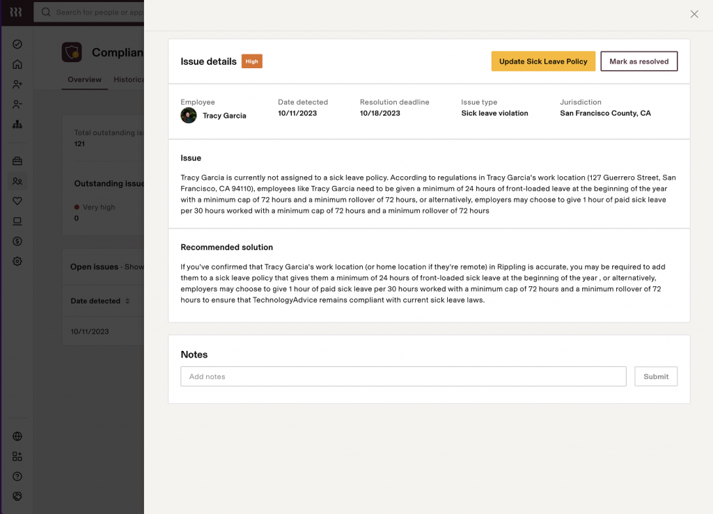 Rippling displays a dialogue box with text explaining a state sick leave policy violation for an employee named Tracy Garcia, plus recommended solutions.