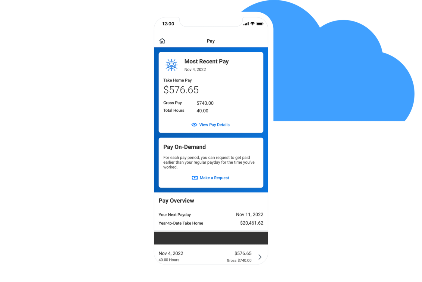 Screenshot of Workday pay on-demand feature.