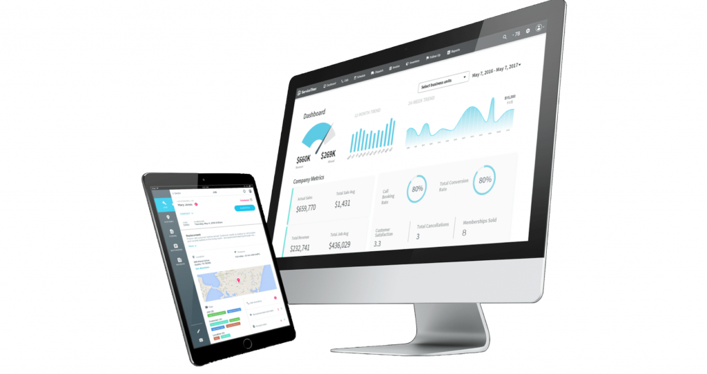Screenshots of ServiceTitan dashboard view on desktop and tablet.