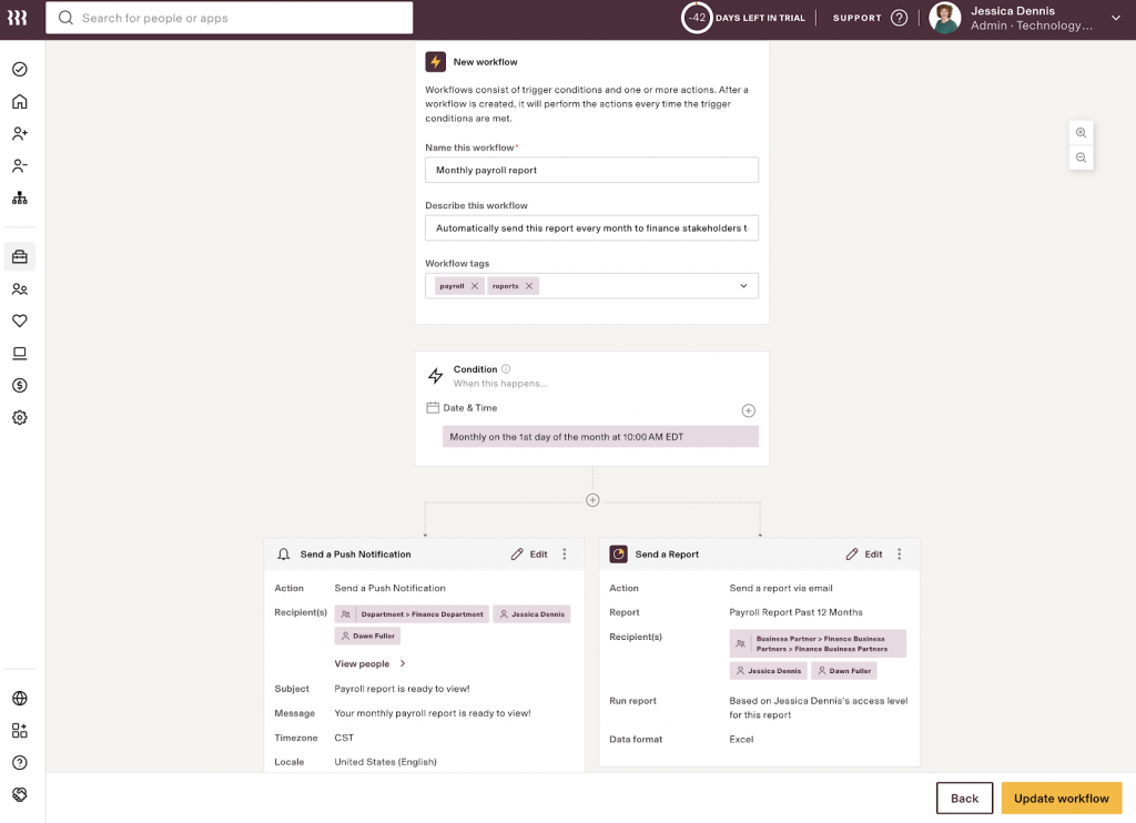 Rippling displays a workflow diagram with the action blocks "send a report" and "send a push notification," branching off from the trigger block "monthly on the 1st day of the month at 10:00 AM."