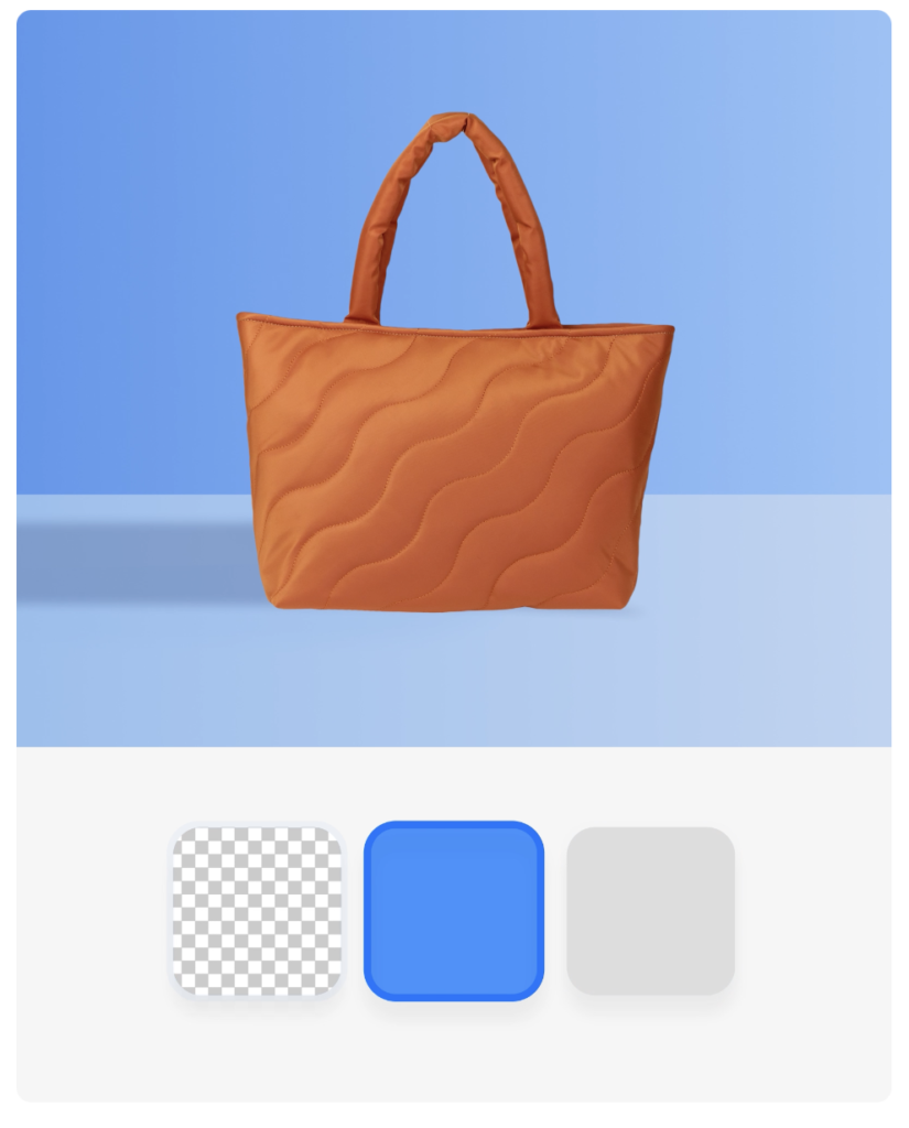 Square Photo Studio with sample edited image of orange shopper tote bag in blue background.