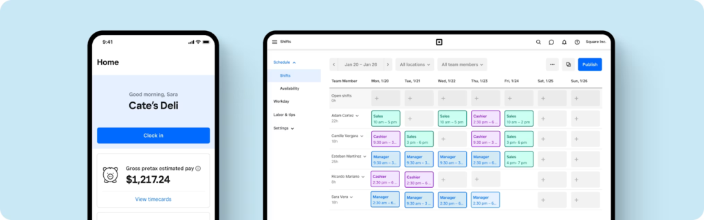 Square Shifts on desktop and smartphone with sample schedule.