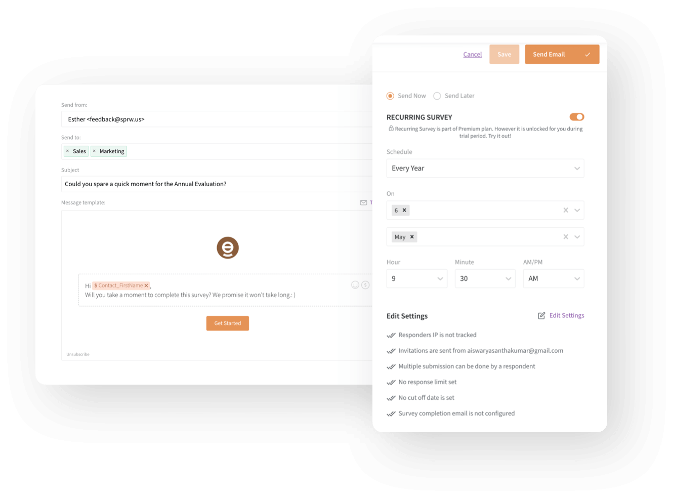 SurveySparrow displays a window for creating a recurring survey using a template.