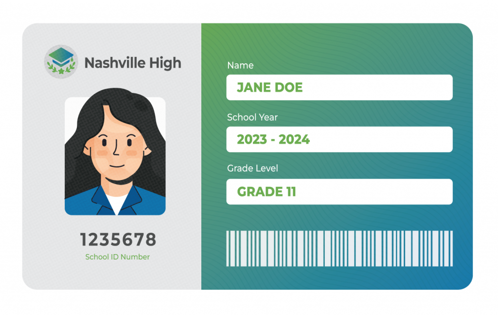 Nashville High School ID with picture, school ID number, grade level, and school year for Jane Doe.