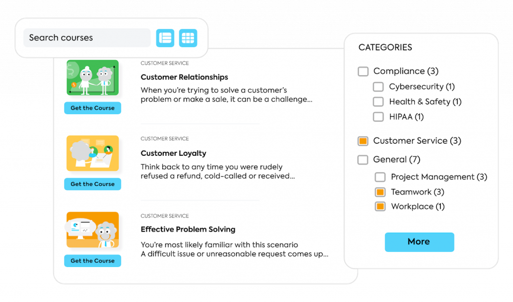 TalentLMS displays customer service training course templates.