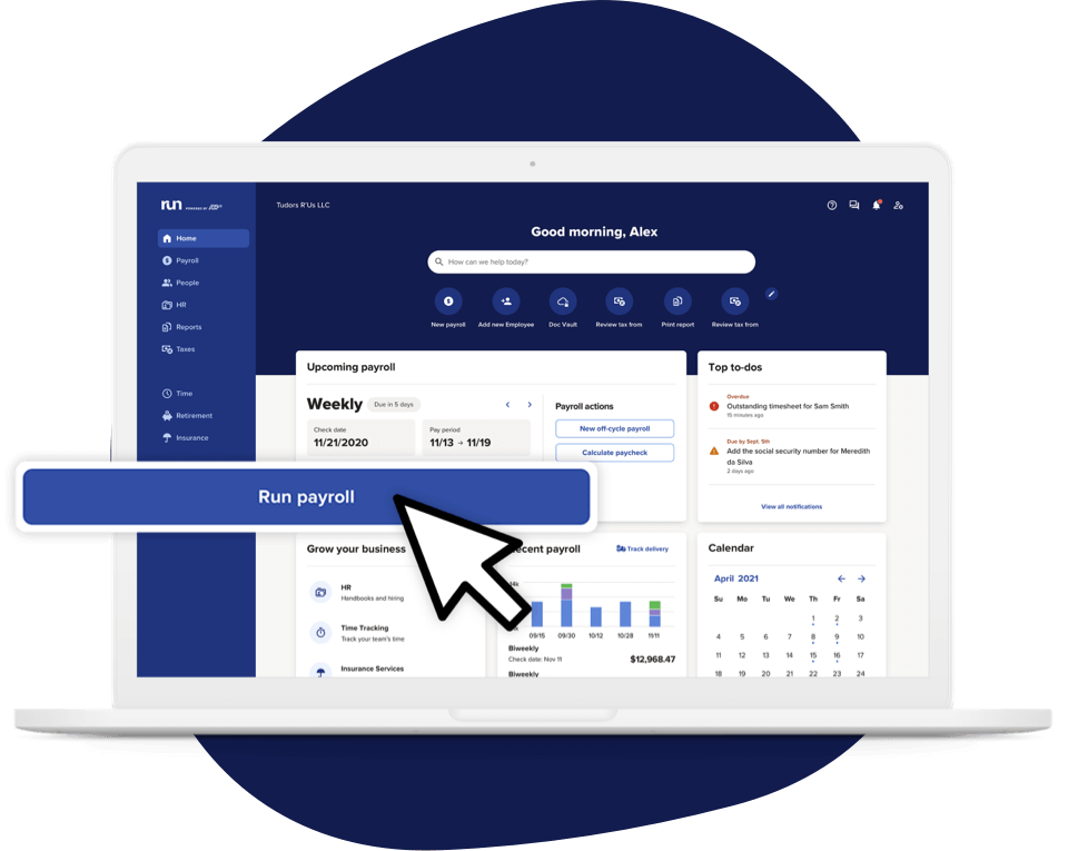 A laptop shows ADP RUN’s homepage with a computer mouse clicking the run payroll button; the button and mouse appear artificially larger for emphasis.