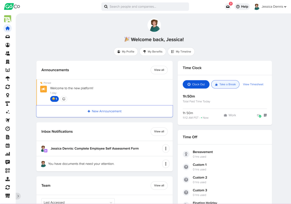 GoCo displays an employee’s homepage with widgets for company announcements, notifications, and time off, plus buttons to clock in and out and access the employee’s profile, benefits, and timeline.