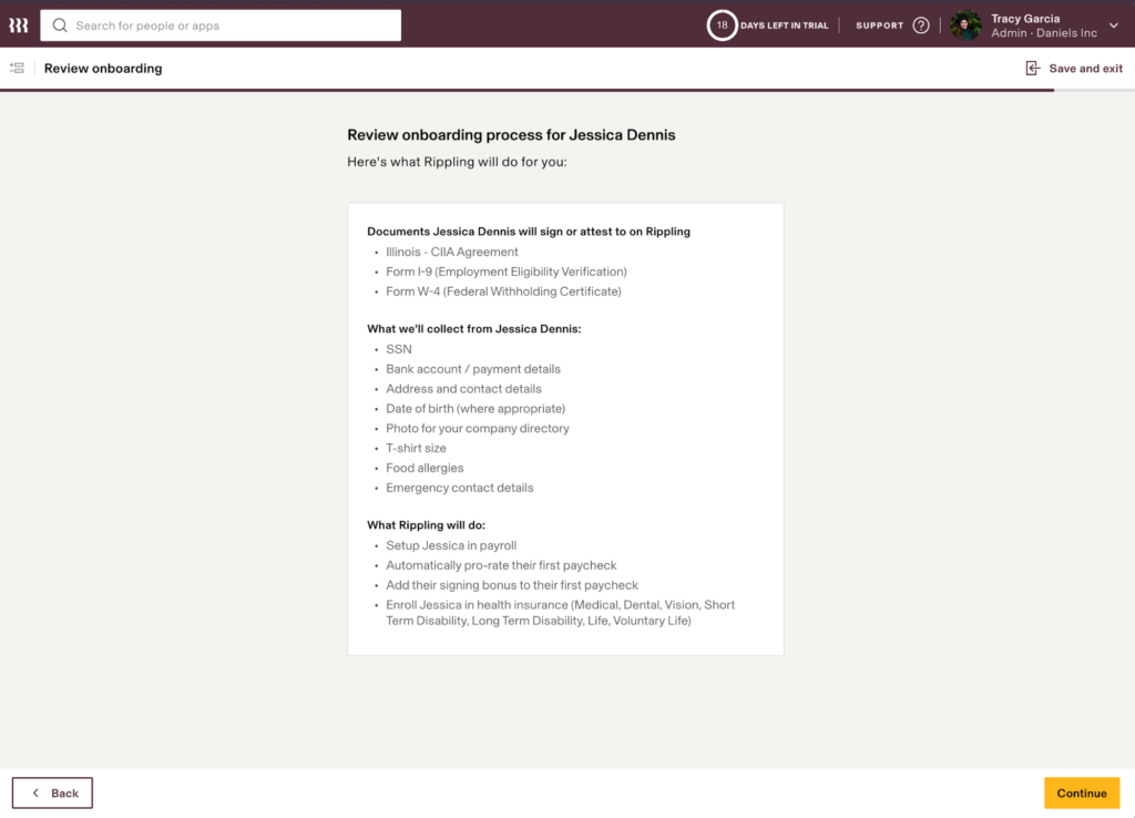 Rippling list what information it will collect and documents it will have a new employee named Jessica sign during onboarding.