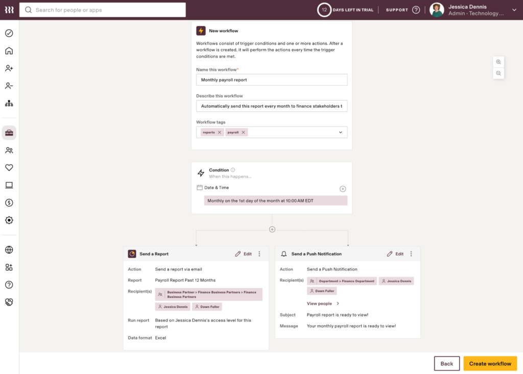 Rippling displays a workflow diagram with the action blocks “send a report” and “send a push notification” branching off from the trigger block “monthly on the 1st day of the month at 10:00 AM.”