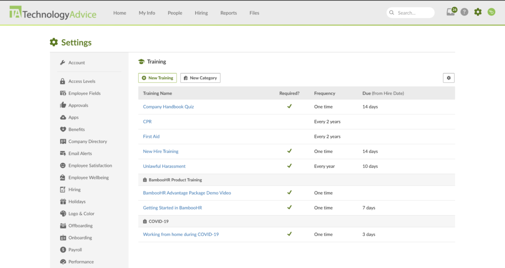 BambooHR displays its training module settings with a list of various company trainings plus a button to add a new training.