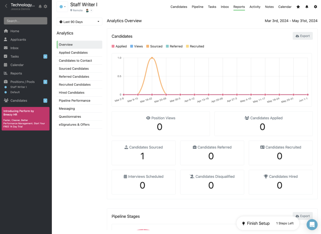 Breezy HR displays its Reports dashboard with a list of reports on the left and a line graph in the middle displaying the number of candidates sourced in the last 90 days.