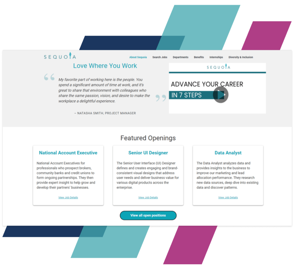iCIMS displays a career site for a company named Sequoia with a company video at the top of the page and featured job openings for a national account executive, senior UI designer, and data analyst toward the bottom.