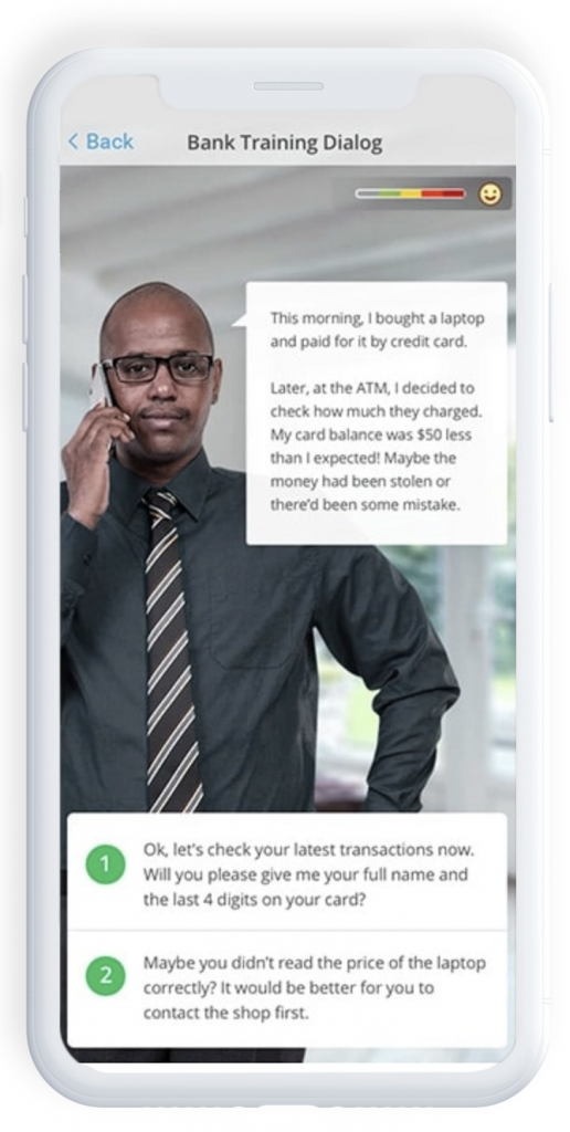 iSpring's mobile app displays a bank training simulation that tests the learner's communication skills.