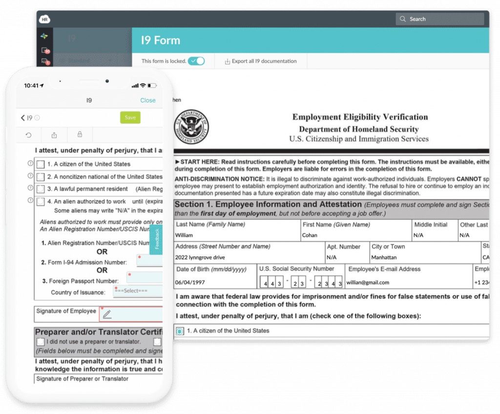 HR Cloud's platform shows both desktop and mobile versions of the I-9 form with fillable fields for the new hire's contact and citizenship or immigration status.