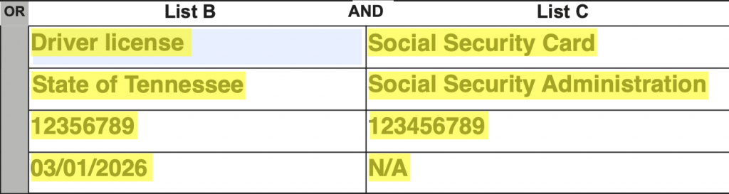 Form I-9's Section 2 List B and C area with the document title, issuing authority, document number, and expiration date fields completed for a driver's license and Social Security card.