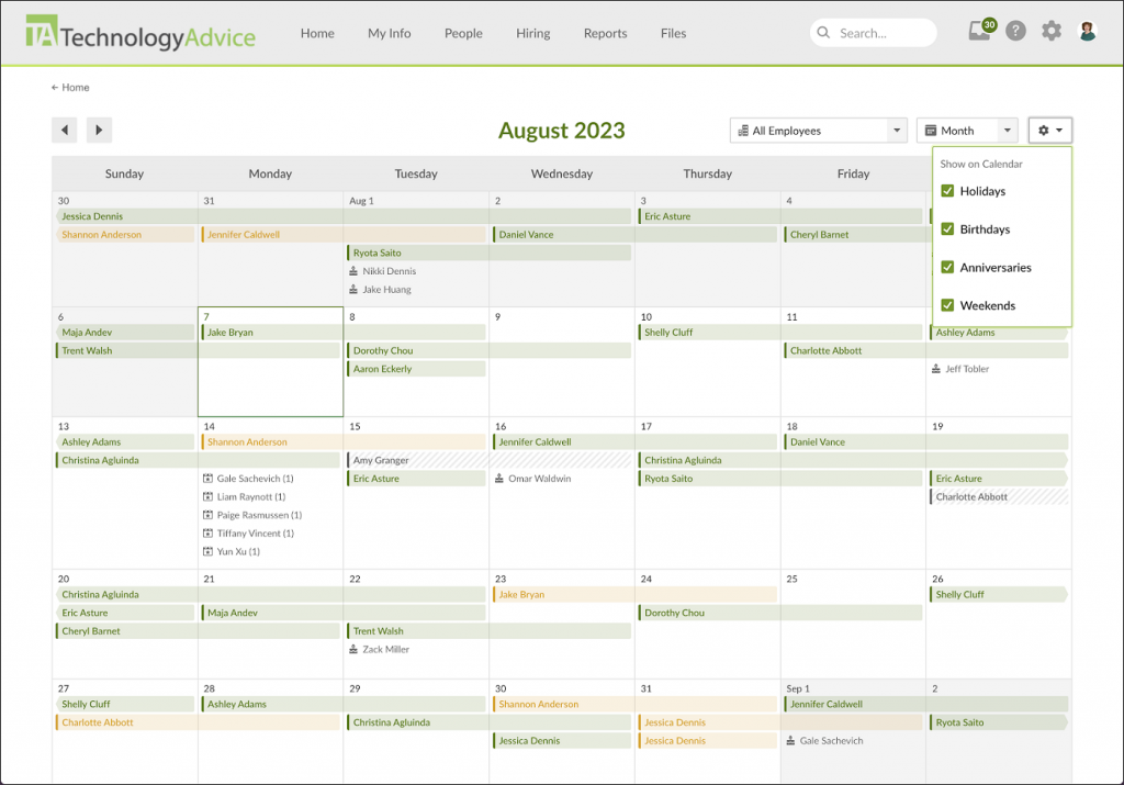 BambooHR displays an August 2023 calendar with employees' names on days to represent their birthdays, anniversaries, and time off schedules.