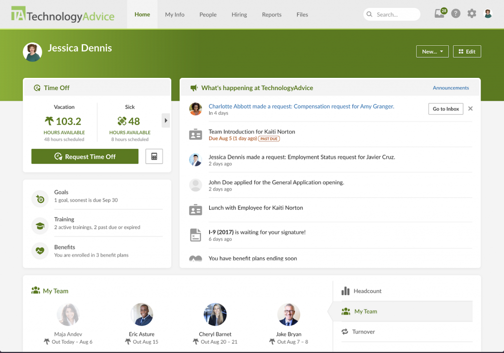 BambooHR displays a homepage with widgets on time off, company tasks, and team members in or out of the office, plus a button in the top right corner to edit the widgets.