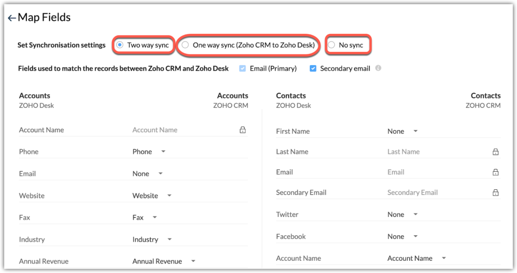 Zoho CRM map fields.