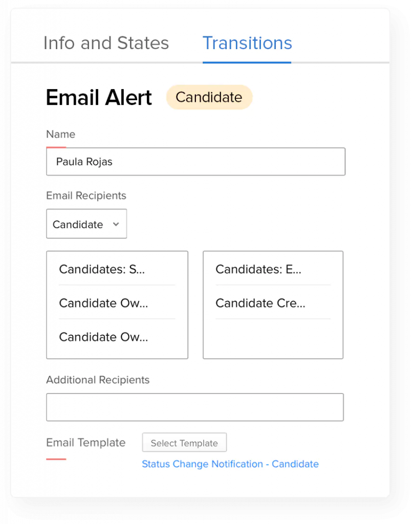 Zoho Recruit displays options for a candidate's automated email notification.