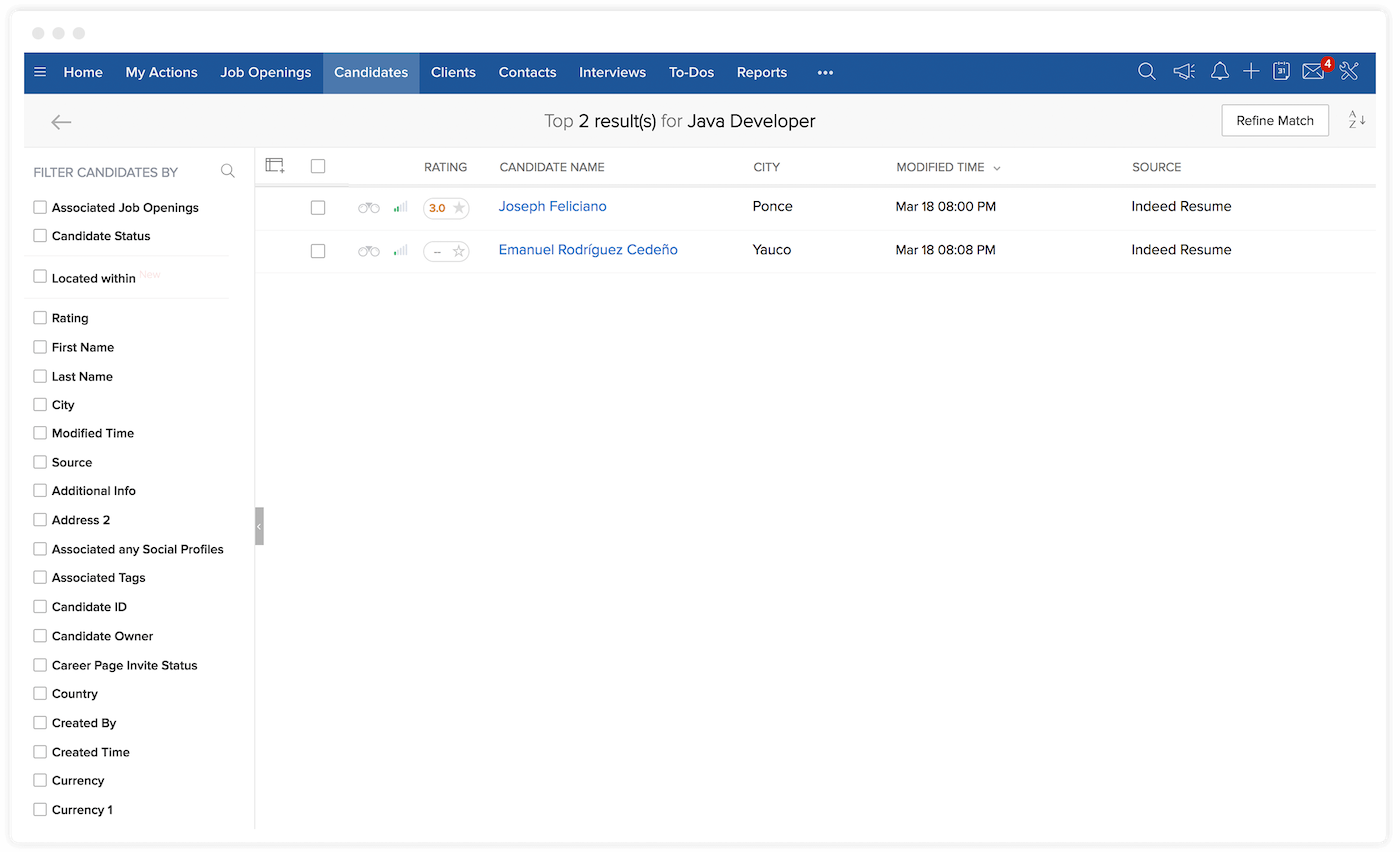 Zoho Recruit displays search results for Java Developer candidates, including their rating, location, and applicant source.